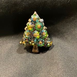 Vintage Christmas Tree Pin/Brooch Rainbow Green Stones and Glass Bead Ornaments